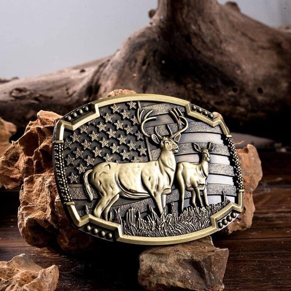 Men's Gold Alloy Deer Cowboy Imported American Patriotic Belt Buckles - Picture 3 of 8